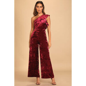 Lulus Certified Icon Burgundy Crushed Velvet One-shoulder Jumpsuit Red - Size XL
